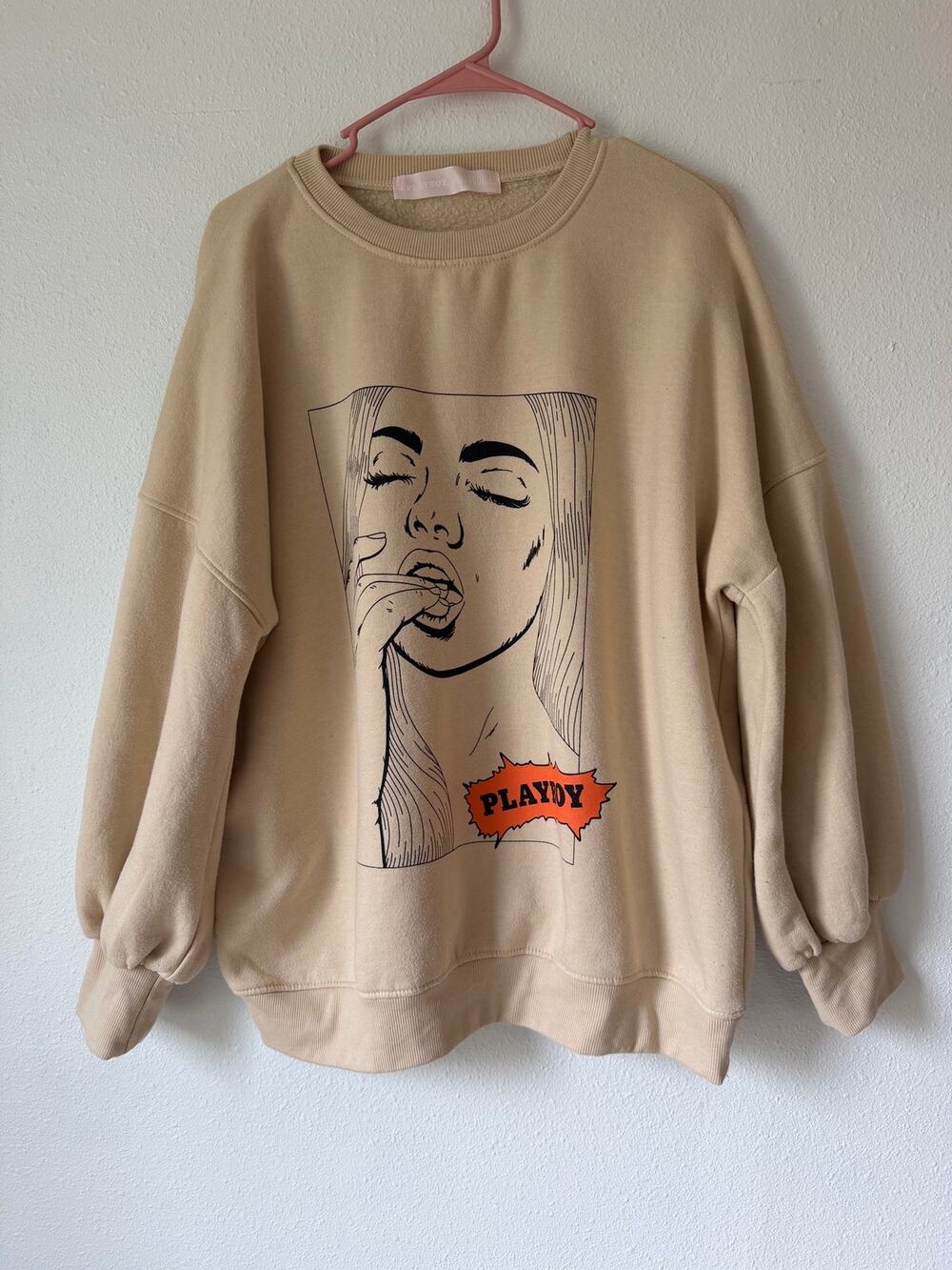 Playboy Misguided Cream Colored Graphic Print Sweatshirt Y2K Size XL Bimbocore